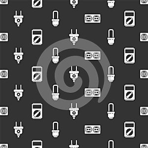 Set Electrical outlet, Multimeter, Electric plug and LED light bulb on seamless pattern. Vector