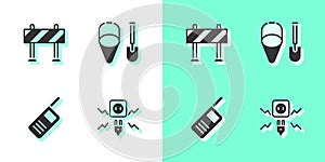 Set Electricity spark, Road barrier, Walkie talkie and Fire shovel and bucket icon. Vector