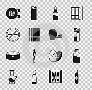Set Electronic cigarette, Vape liquid bottle, Lighter, Cigarette, No smoking, Tobacco leaf shop and Man icon. Vector