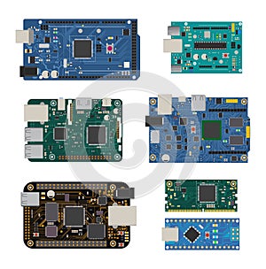 Set of electronic circuit boards with a microcontroller, LEDs, connectors, and other electronic components.