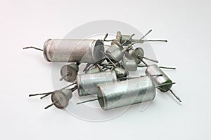 Set of electronic components from retro audio equipment. metal-paper capacitors and Rectifier diodes with long leads