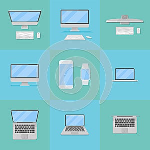 Set of electronic computer devices flat style icons. Vector illustration.