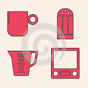 Set Electronic scales, Coffee cup, Salt and Measuring cup icon. Vector
