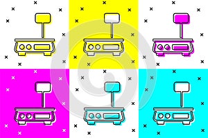 Set Electronic scales icon isolated on color background. Weight for food. Weighing process in store or supermarket