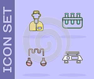 Set Electronic scales, Laboratory assistant, Test tube and flask and icon. Vector