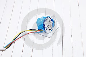 Set of electronic tools and components on white background.