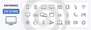 Set of 24 Electronics and Devices web icons in line style. Device, phone, laptop, communication, smartphone, ecommerce. Vector