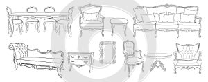 Set of elegant antique furniture line drawing.