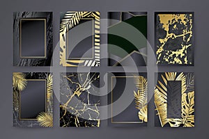 Set of elegant brochure, card, background, cover. Black and golden marble texture. Palm, exotic leaves.