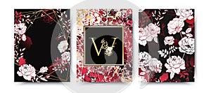 Brochure, card, background, cover, wedding invitation. Black and golden marble texture. roses. Floral arrangements.