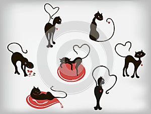 Set of elegant cats with hearts for Valentines Day. EPS10 vector illustration.