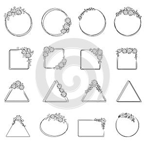 Set of elegant floral logo elements. Frame corners and branch. Boho Hand drawn