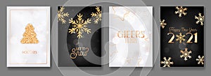 Set of Elegant Merry Christmas and Happy New Year 2021 Greeting Cards with Gold Glitter, Xmas Tree, Stars and Snowflakes