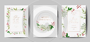 Set of Elegant Merry Christmas and New Year 2020 Cards with Pine Wreath, Mistletoe, Winter plants design illustration