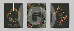 Set of Elegant Merry Christmas and New Year 2021 Cards with Pine Branches, Holy Berry, Mistletoe, Winter floral plants