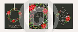 Set of Elegant Merry Christmas, Vector New Year 2021 Cards with Poinsettia Flower, Holly Berry, Mistletoe
