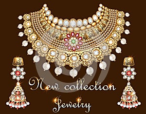 set of elegant necklace, earrings with precious stones, pearls and inscription jewelry collection