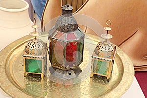 Set of Elegant Ramadan Kareem Lantern or Colorful Lights in Islamic Pattern on golden plate, DUBAI-UAE. 21 JULY 2017