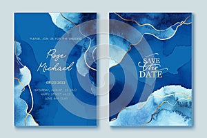 Set of elegant, romantic wedding cards, covers, invitations with shades of blue. Golden lines, splatters.