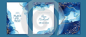 Set of elegant, romantic wedding cards, covers, invitations with shades of blue. Golden lines, splatters.