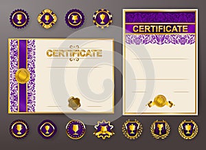 Set of elegant templates of diploma with lace ornament, ribbon, wax seal, drapery fabric, badges, place for text
