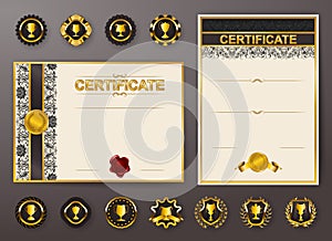 Set of elegant templates of diploma with lace ornament, ribbon, wax seal, drapery fabric, badges, place for text