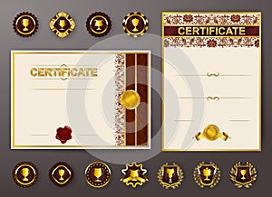 Set of elegant templates of diploma with lace ornament, ribbon, wax seal, drapery fabric, badges, place for text