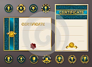 Set of elegant templates of diploma with lace ornament, ribbon, wax seal, drapery fabric, badges, place for text