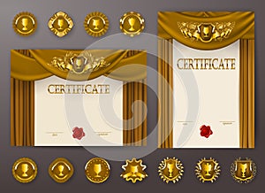 Set of elegant templates of diploma with lace ornament, ribbon, wax seal, drapery fabric, badges, place for text