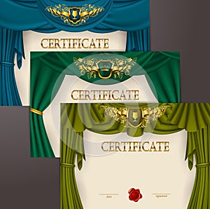 Set of elegant templates of diploma lace ornament, ribbon, wax seal, shield, laurel wreath, drapery fabric, place for