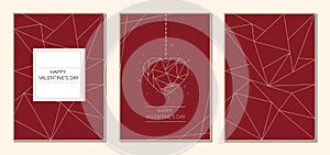 Set of elegant valentine\'s day cards with golden hanging heart on dark red background.