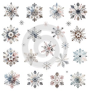 Set of elegant watercolor snowflakes in soft hues isolated on white background