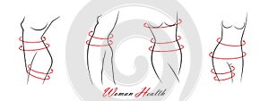 Set of elegant woman silhouettes in a linear sketch style intimate hygiene, woman health, skin and body care, diet, fitness etc