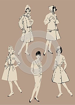 Set of elegant women - retro style fashion models