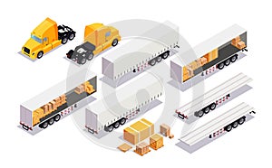 Set element cargo transport. Flat 3d isometric high quality city transport. cargo truck, trailer.