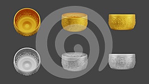 set of element of gold and silver bowl thai culture from image traced 3d. songkran festival thailand travel
