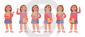 Set of elementary school student little girl character. Schoolgirl greeting, poses, thinks, reads, points, idea