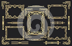 Set of elements in art Deco style. Luxury Frames, corner elements and dividers. Vintage gold ornament Headers and borders.