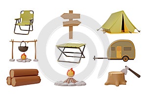 Set of elements for Camping, tant, folding chair, table, campfire, stump, signpost, trailer isolated on white background. 3d