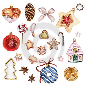 Set of elements for Christmas. Christmas tree toys, cakes,ribbons.