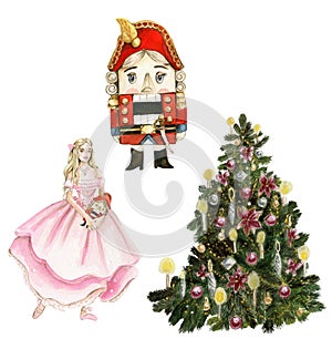 Set of elements for Christmas. Tree toys, girl, nutcracker, new year tree .Watercolor hand drawn illustration. Winter holiday