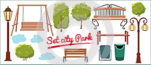 Set elements for city park. Tree, trash can, lantern, teeter, and benches in flat style.