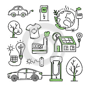 A set of elements. Co2 concept of climate change. Recycling. Separation of garbage. Vector isolated doodle