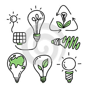 A set of elements. Co2 concept of climate change. Recycling. Separation of garbage. Vector isolated doodle
