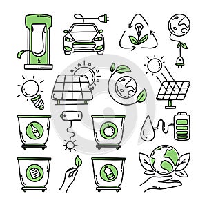 A set of elements. Co2 concept of climate change. Recycling. Separation of garbage. Vector isolated doodle