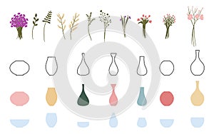 A set of elements for creating bouquets of flowers in a vase. Constructor. Create your own bouquet. Vector illustration