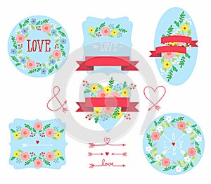 Set of elements for design - arrows, hearts, love, circlet of flowers
