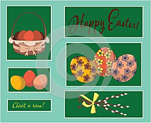 Set of elements for Easter. Happy Easter Labels. Painted Easter eggs, basket with colored eggs, willow twigs and Happy Easter let