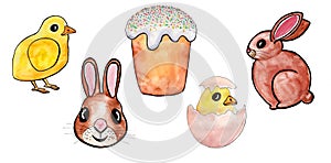 Set of Easter elements. Symbols. Drawing with watercolor and black outline. Isolated on white background.