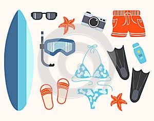 Set of elements and entertainment for beach holidays: swimsuit, surfboard, diving mask, starfish, sunglasses